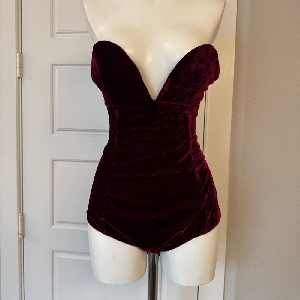 Rare London Wine Red Velvet Strapless Bodysuit